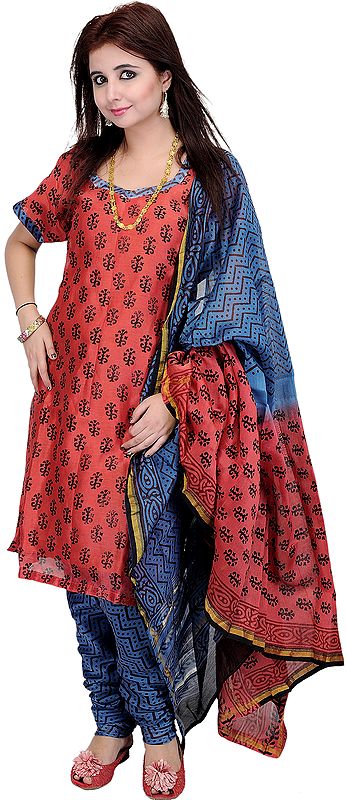 Mineral-Red and Blue Chanderi Block Printed Choodidaar Kameez Suit