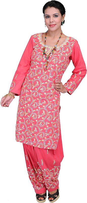 Rose of Sharon Two-Piece Salwar Kameez Fabric from Kashmir with Aari Embroidery