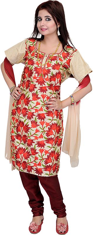 Beige and Red Choodidaar Kameez Suit from Kashmir with Aari Embroidered Flowers