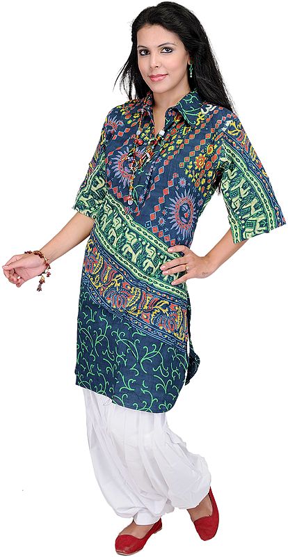Insignia-Blue Two-Piece Full-Patiala Salwar Kameez from with Printed Elephants