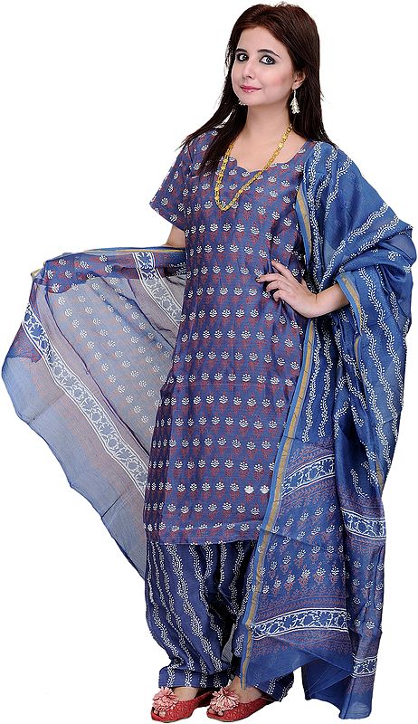 Bijou-Blue Block-Printed Chanderi Salwar Kameez Suit