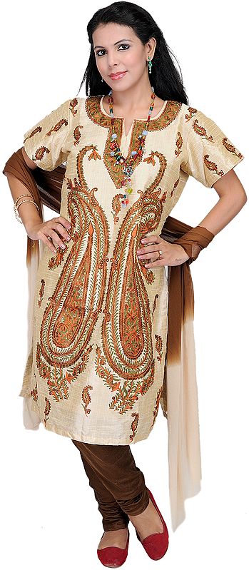 Beige Choodidaar Kameez Suit from Kashmir with Giant Embroidered Paisleys