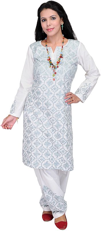 White Two-Piece Salwar Suit from Kashmir with Hand Embroidered Paisleys