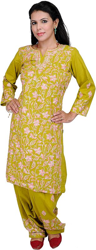 Citronelle-Green Two-Piece Salwar Suit from Kashmir with Aari Embroiderd Flowers