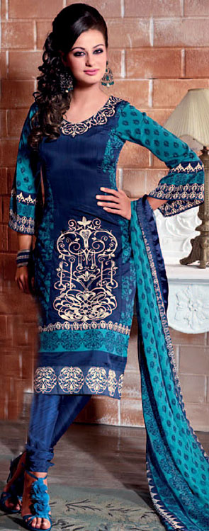 Faience-Blue Printed Choodidaar Kameez Suit with Embroidery on Neck