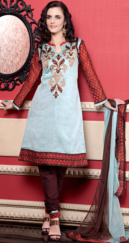 Clearly-Aqua Choodidaar Kameez Suit with Metallic Thread Embroidery on Neck