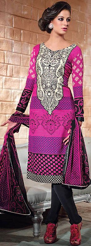 Azalea-Pink Printed Choodidaar Kameez Suit with Embroidered Paisleys on Neck