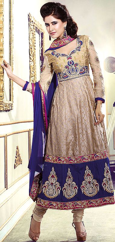 Beige and Blue Anarkali Choodidaar Kameez Suit with Woven Bootis and Wide Patch Border