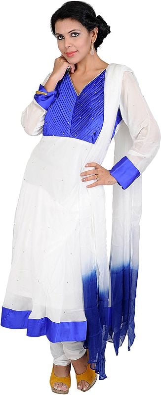 Chic-White and Blue Chudidar Kameez Suit with Beadwork