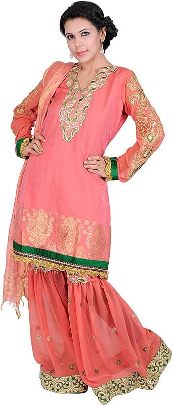 Spiced-Coral Wedding Sharara Suit with Velvet Applique and Gota Border