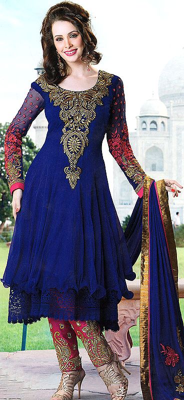 Mazarine-Blue Choodidaar Kameez Suit with Metallic Thread Embroidery on Neck and Crochet Border