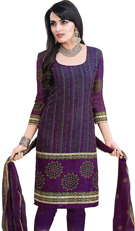 Passion-Purple Choodidaar Kameez Suit with Painted Flowers