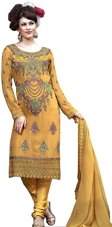 Golden Apricot Choodidaar Kameez Suit with Metallic Thread Embroidered Beads and Crochet Border