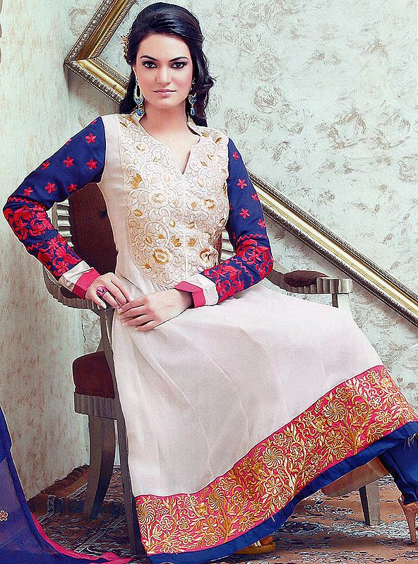 Ivory Choodidaar Kameez Suit with Metallic Thread Embroidered Flowers and Patch Border