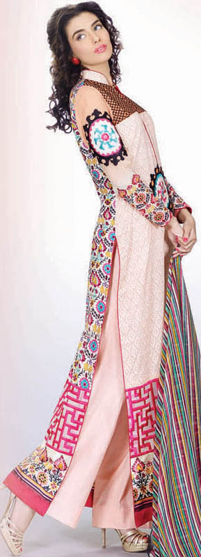 Peach Long Salwar Suit from Pakistan with Embroidered Bodice and Silk Border