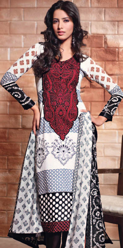 Ivory Printed Choodidaar Kameez Suit with Densely Embroidered Patch on Neck