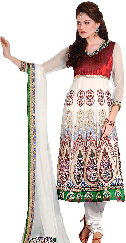 Ivory and Red Choodidaar Kameez Suit with Embroidered Beads