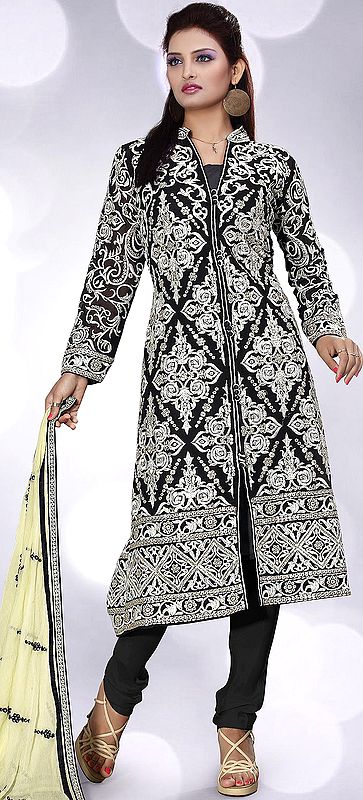 Black Choodidaar Kameez Suit with Sequins Aari Embroidery in White Thread
