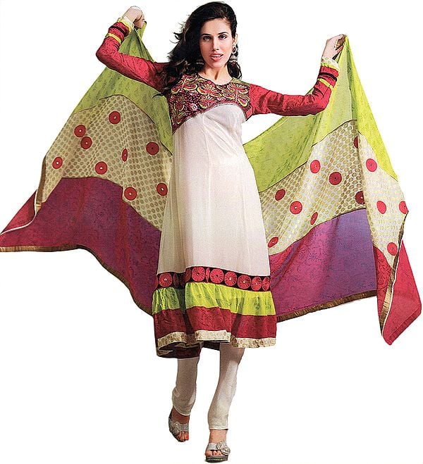 Ivory Choodidaar Kameez Suit with Embroidery on Neck and Patch Border