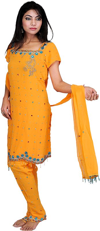 Blazing-Orange Choodidaar Kameez Suit with Embroidered Beads All-Over
