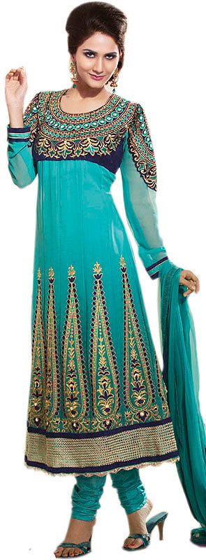 Aqua-Sky Anarkali Choodidaar Kameez Suit with Metallic Thread Embroidered Sequins