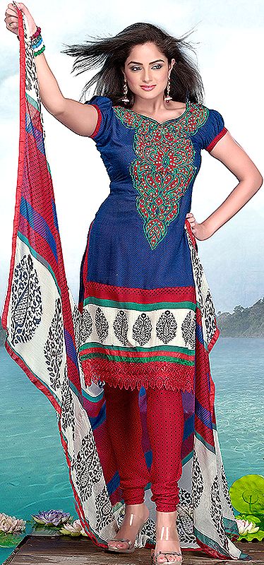 Skipper-Blue and Red Choodidaar Kameez Suit with Embroidered Neck and Crochet Border