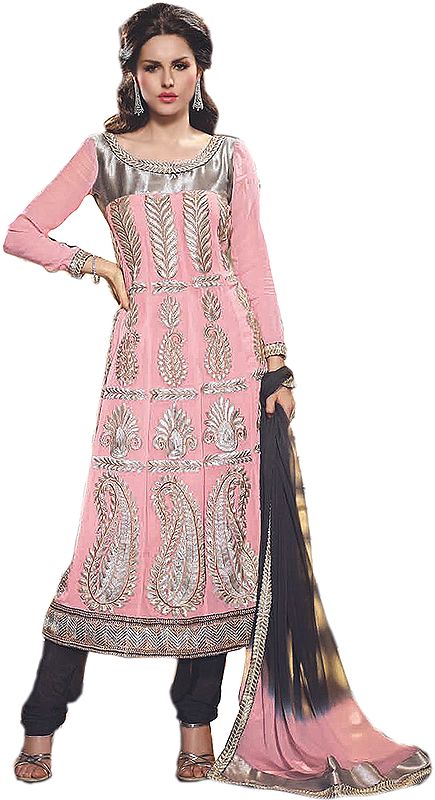 Powder-Pink Choodidaar Kameez Suit with Metallic Thread Embroidered Paisleys