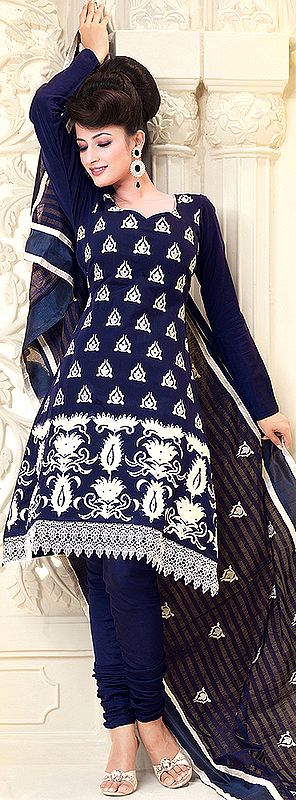 Navy-Blue Choodidaar Kameez Suit with Embroidered Beads and Crochet Border