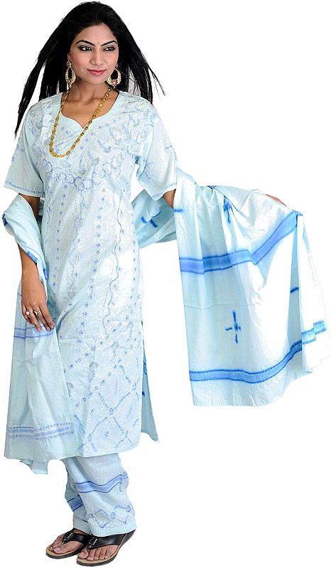 Whispering-Blue Salwar Kameez Suit with Luckhnawi Chikan Embroidery