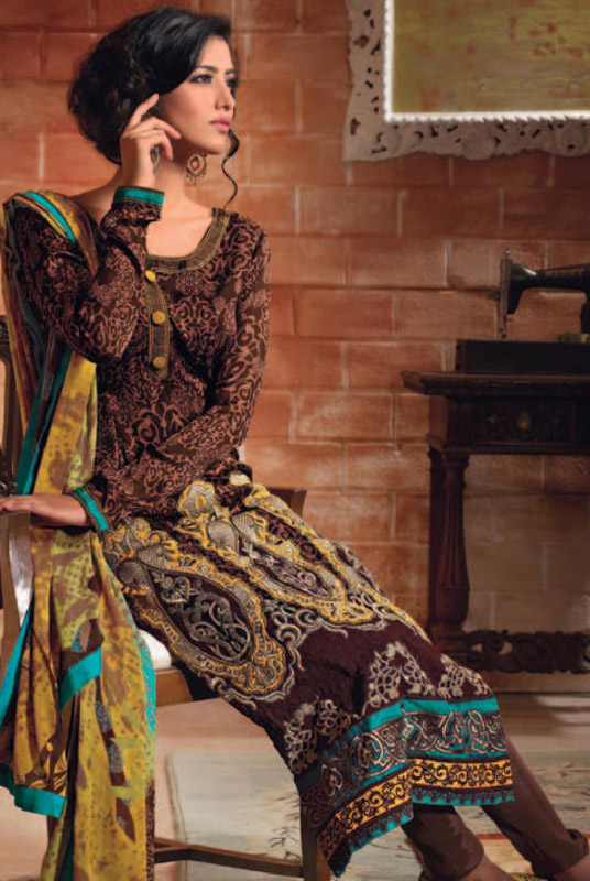 French-Roast Printed Choodidaar Kameez Suit with Metallic Thread Embroidery