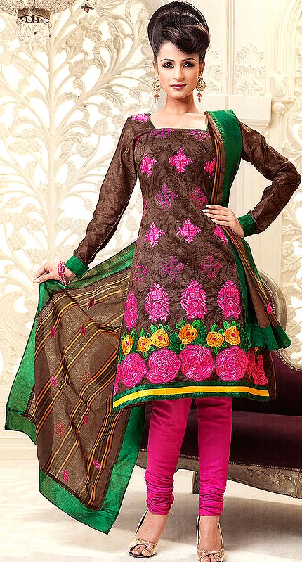 Coffee-Brown and Pink Choodidaar Kameez Suit with Self-Weave and Embroidered Flowers