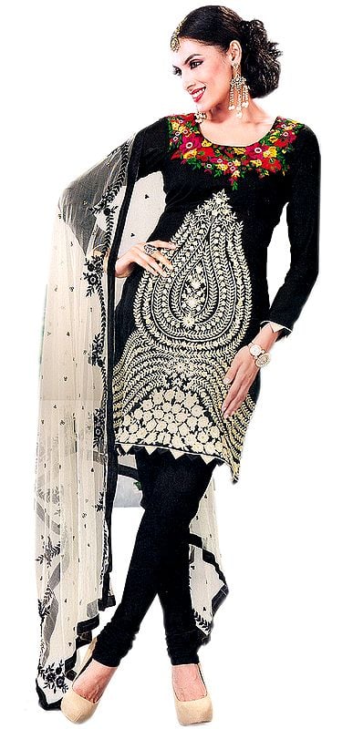 Black Chudidar Kameez Suit with Embroidered Flowers in Ivory Thread