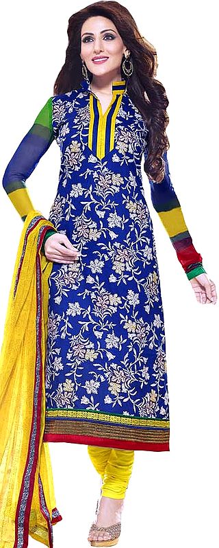 Blue Printed Choodidaar Kameez Suit with Embroidered Patch Border