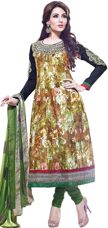 Floral Printed Flared Kameez andChudidar Suit with Metallic Thread Embroidery on Neck
