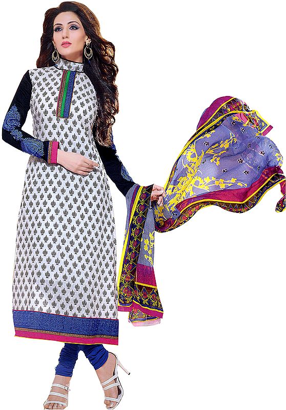 Chic-White Chudidar Suit with Printed Bootis and Patch Border