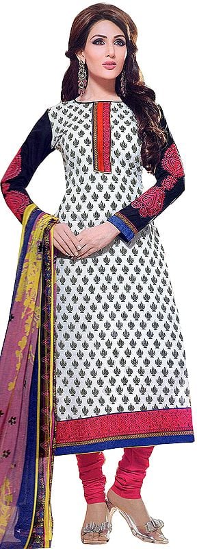 Chic-White Chudidar Suit with Printed Bootis and Patch Border