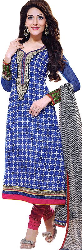 Kameez and Choodidaar Suit with Patchwork on Neck and Border