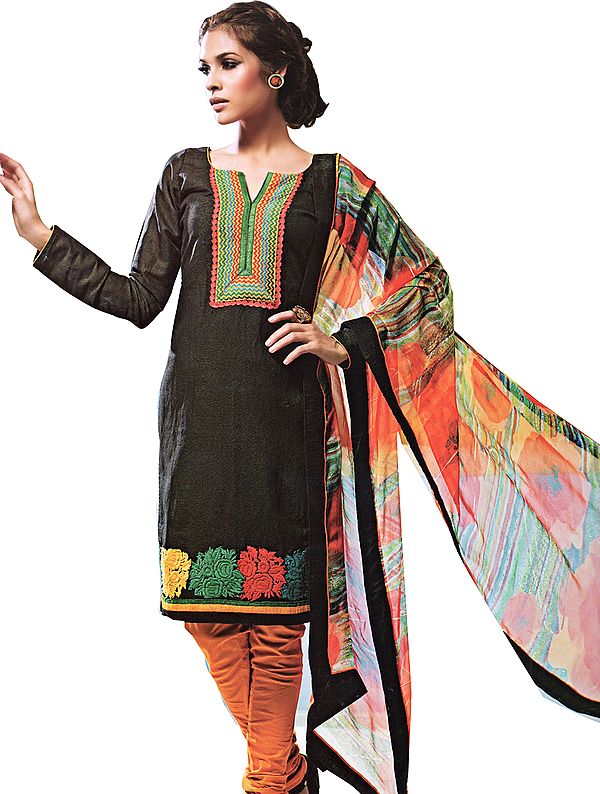 Jet-Black and Orange Choodidaar Kameez Suit with Patch Embroidery on Neck and Border