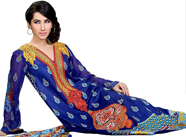 Dutch-Blue Pakistani Salwar Kameez Suit with Embroidered Neck and Printed Dupatta
