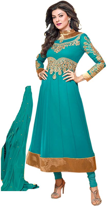 Fairway-Green Choodidaar Kameez Suit with Aari Embroidered Flowers in Metallic Thread