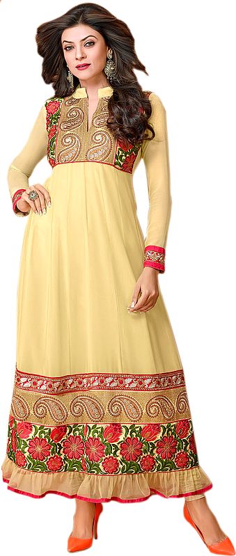 Impala-Yellow Anarkali Suit with Embroidered Patches on Neck and Border