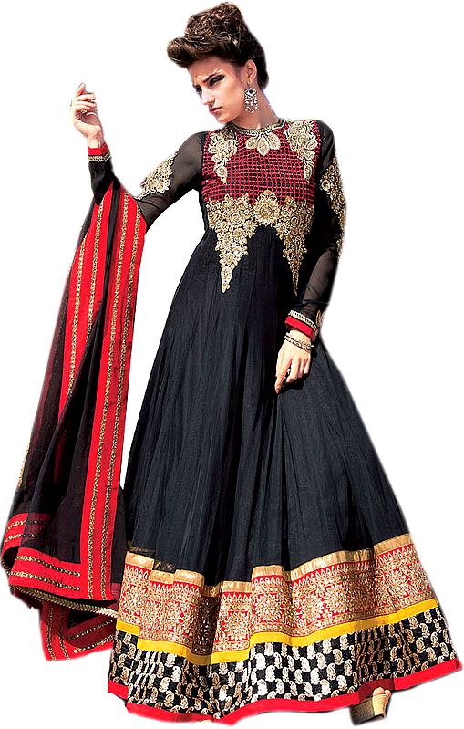 Jet Black Wedding Anarkali Suit with Aari Embroidered Flowers and Wide Patch Border