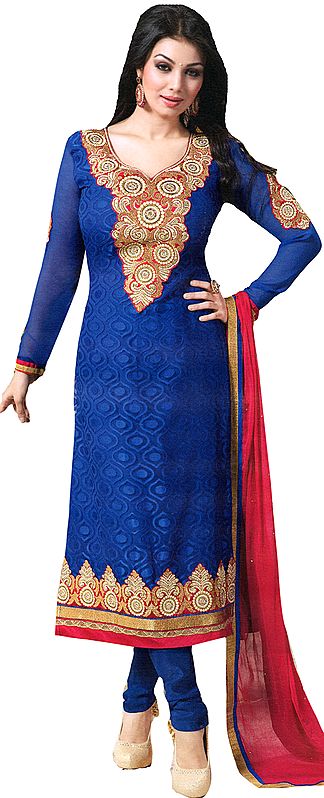 Deep-Blue Long Choodidaar Suit with Patch on Neck and Self Weave
