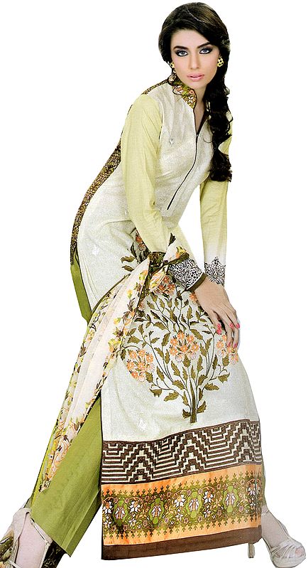 Ming-Green Pakistani Salwar Kameez Suit with Floral Thread Embroidery