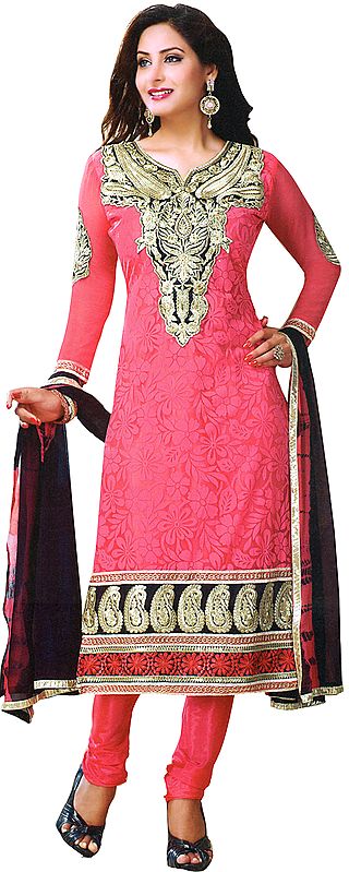 Garnet-Rose Choodidaar Kameez Suit with Aari Embroidery on Neck and Self Weave