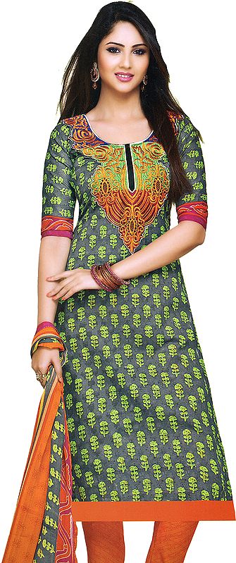 Excalibur-Gray Choodidaar Kameez Printed Suit with Embroidered Patch on Neck