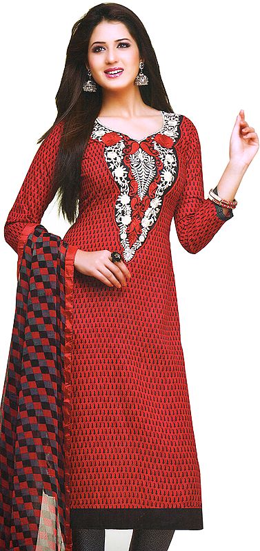 American-Red Choodidaar Kameez Suit with Floral Embroidered Patch and Printed Bootis