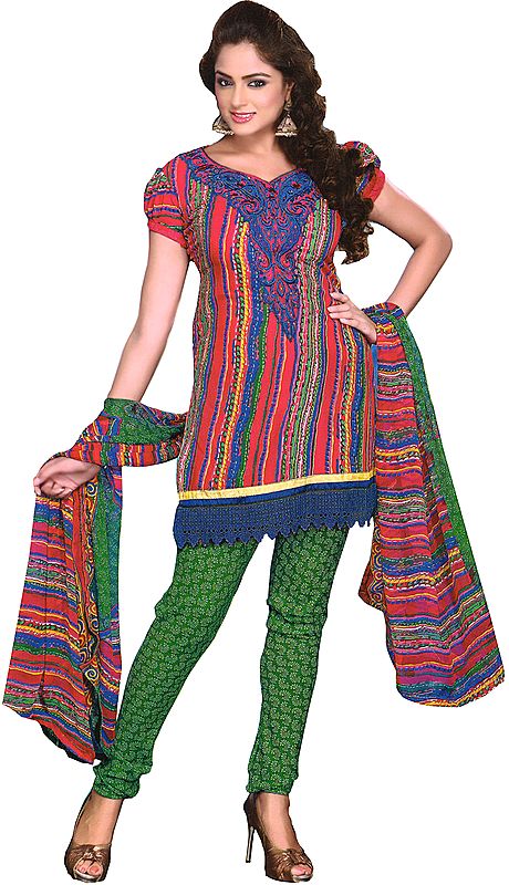 Multi-Color Printed Choodidaar Kameez Suit with Thread Embroidered Floral Patch and Crochet Border