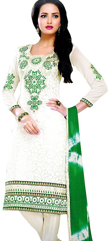 Winter-White Choodidaar Kameez Suit with Embroidery on Neck and Self Weave