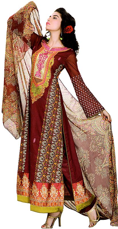 Burgundy Pakistani Salwar Kameez Suit with Embroidery on Neck and Printed Dupatta
